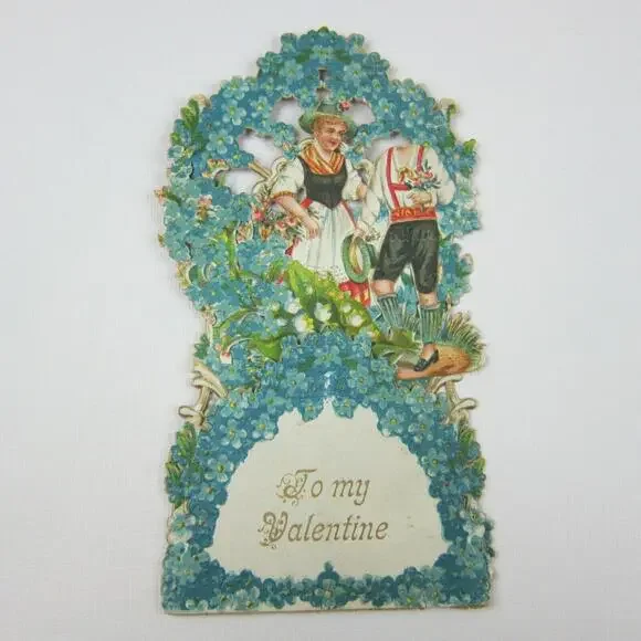 Vintage Valentine 3D Pop Up Die Cut German Girl Red Boy Lederhosen Blue Flowers - Picture 8 of 12